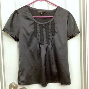 Black Blouse, Short Sleeve Formal Box Pleat Detail, Faux Silk Smooth Limited
